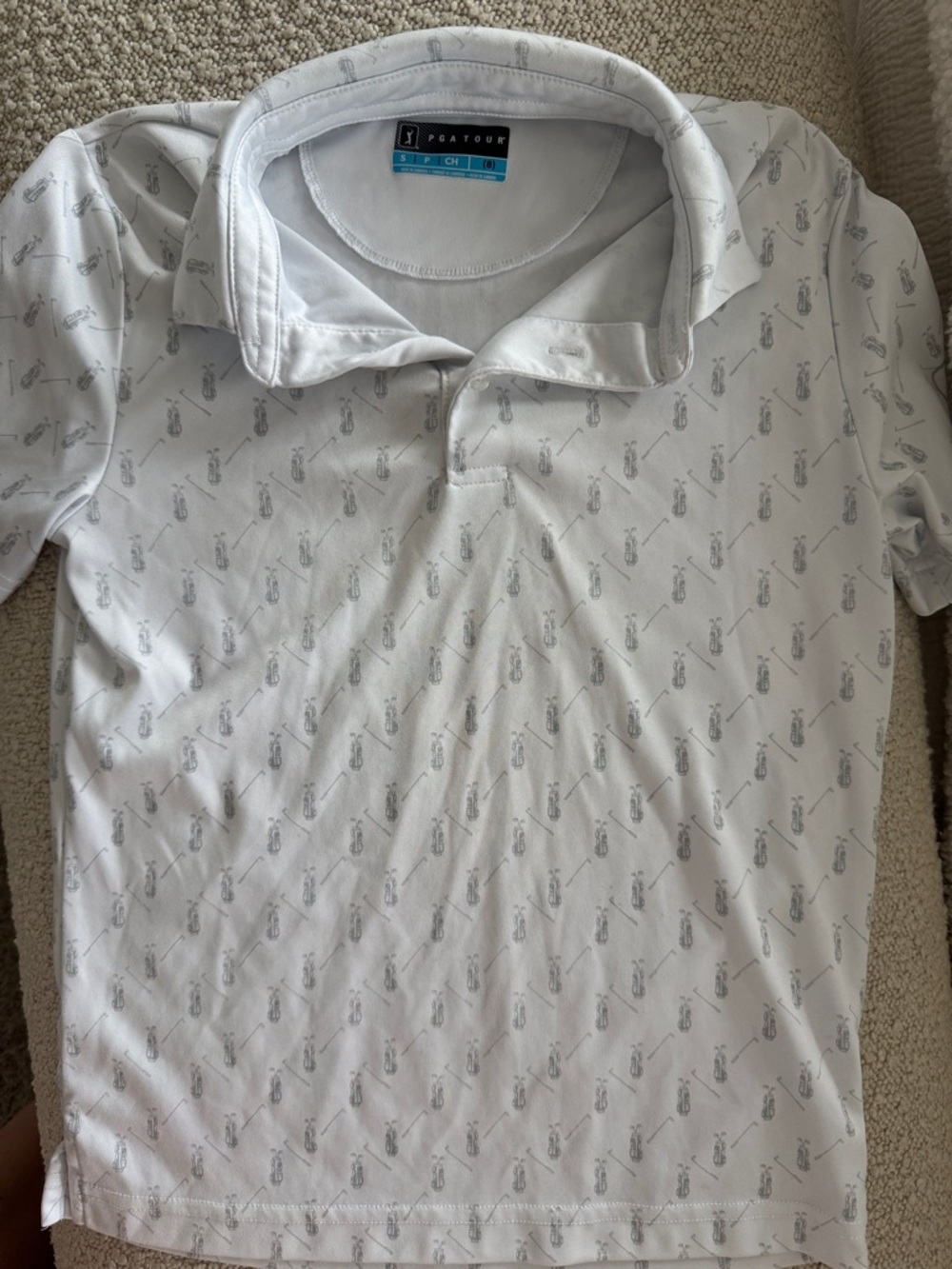 PGA Tour White Polo with Light Gray Golf Bag Print